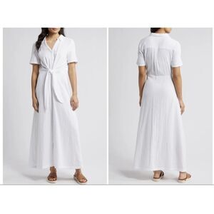 New Caslon Vacation Tie Front Gauze Shirtdress in White Size Medium (8-10)
